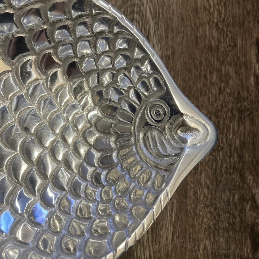 Fishy Snack Plate Shiny Aluminum Pewter Vintage 12